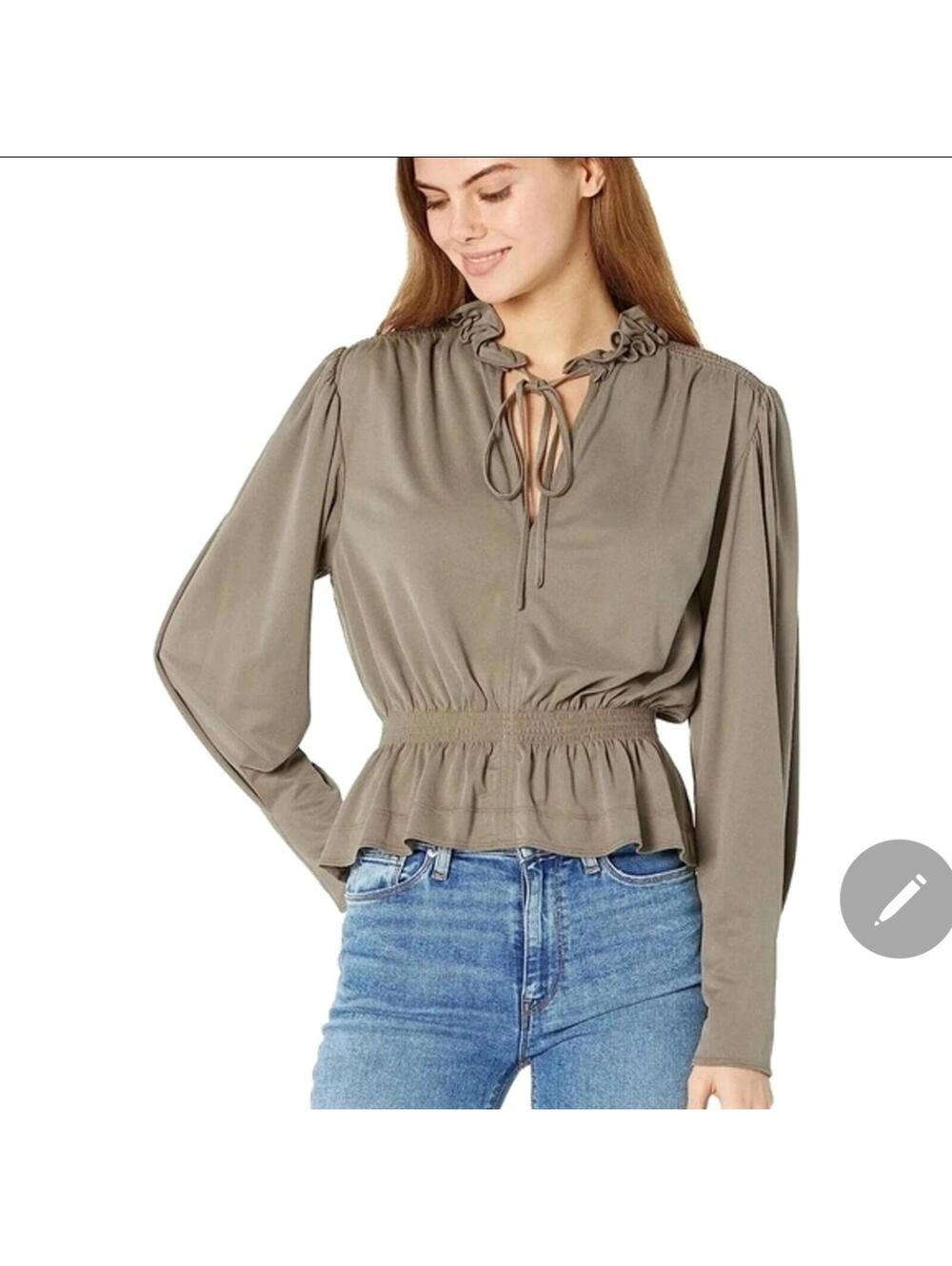 Rebecca Taylor Taupe Ruched Peplum Long Sleeve Blouse Size M